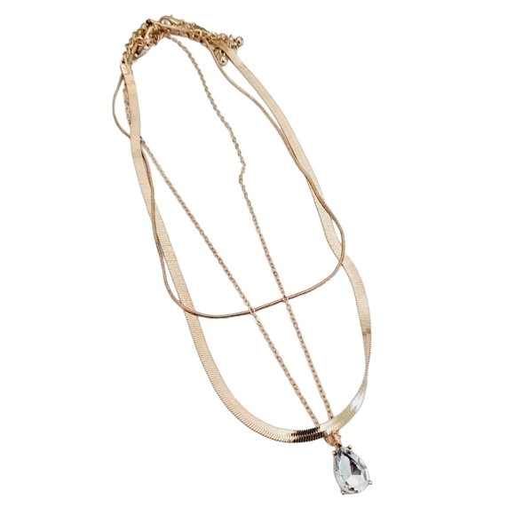 💖 2/$30 Boho  multi layered gold tone fishbone rhinestone pendant necklace set - Picture 8 of 16